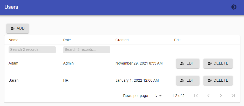 PowerShell Universal table listing SQL users with Name, Role, and Created columns.