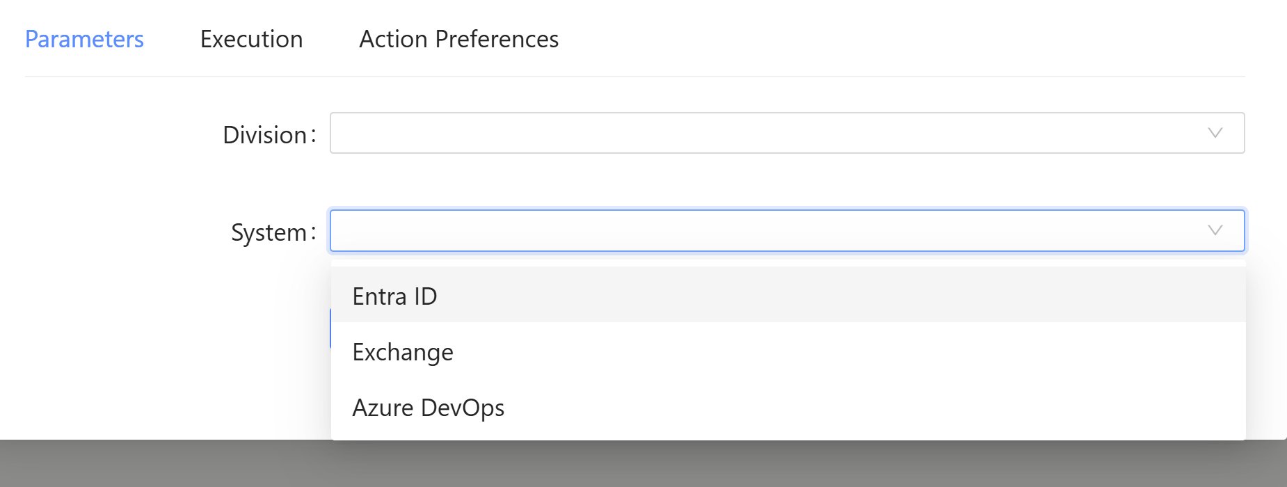 PowerShell Universal script form showing Division and System drop-downs.