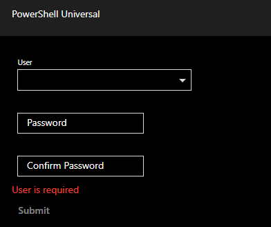 PowerShell Universal app form with user autocomplete and password reset fields.