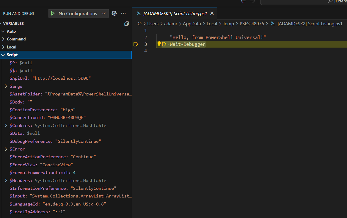 Visual Studio Code debugger stepping through a PowerShell Universal script with variables.
