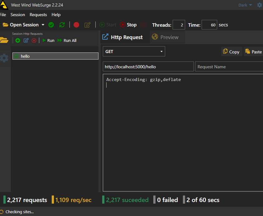 West Wind WebSurge session sending GET requests to localhost:5000/hello.