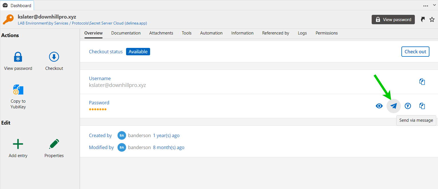 Remote Desktop Manager entry overview with Send via message beside the password.