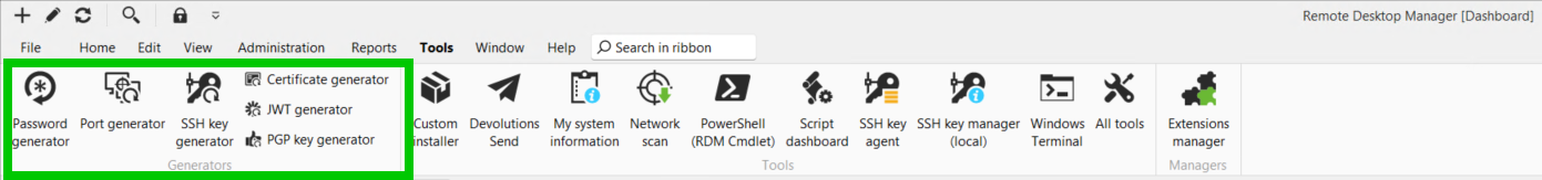 Remote Desktop Manager Tools ribbon highlighting Password, Port, and SSH key generators.