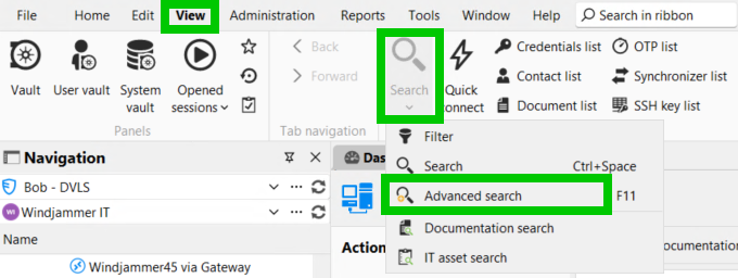 Remote Desktop Manager Search dropdown with Advanced search and F11 shortcut.