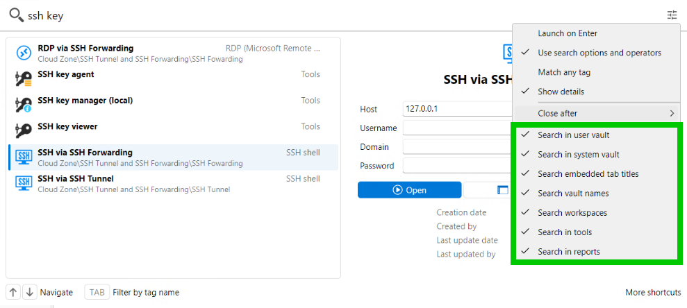 Remote Desktop Manager Quick Search scope options checked for vaults, tools, and reports.