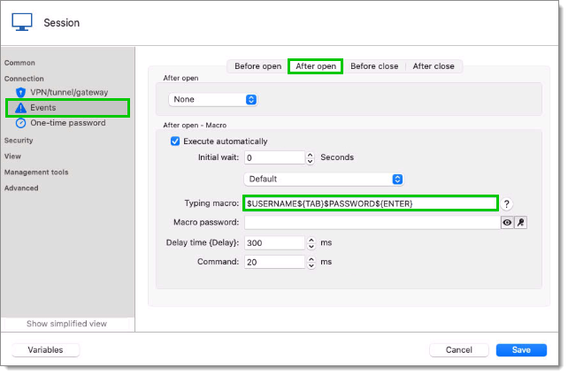 Remote Desktop Manager session Events tab with an After open typing macro.