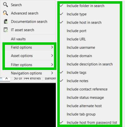 Remote Desktop Manager Field options list with include host and tags selected.