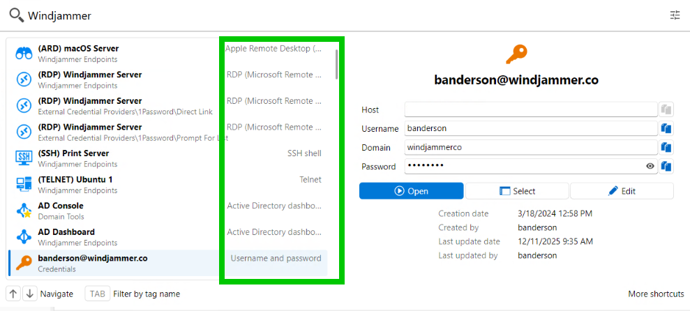 Remote Desktop Manager Quick Search showing credential results for a Windjammer query.