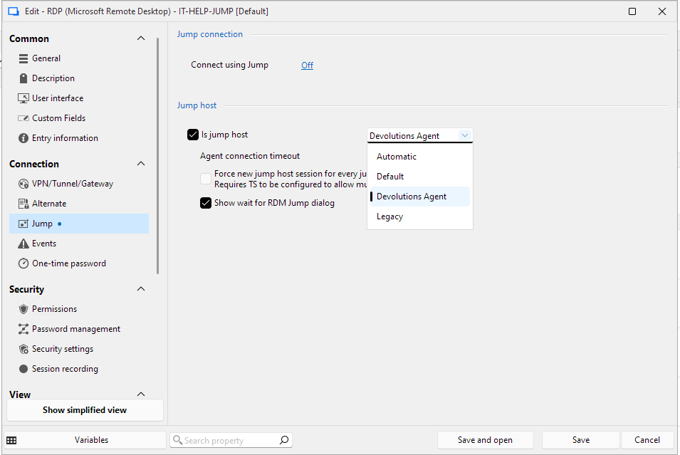 Selecting the Jump Host connection type