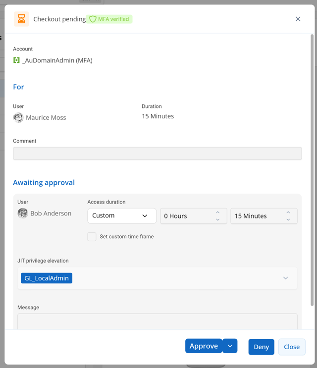 Devolutions Server PAM checkout approval screen showing that MFA was verified