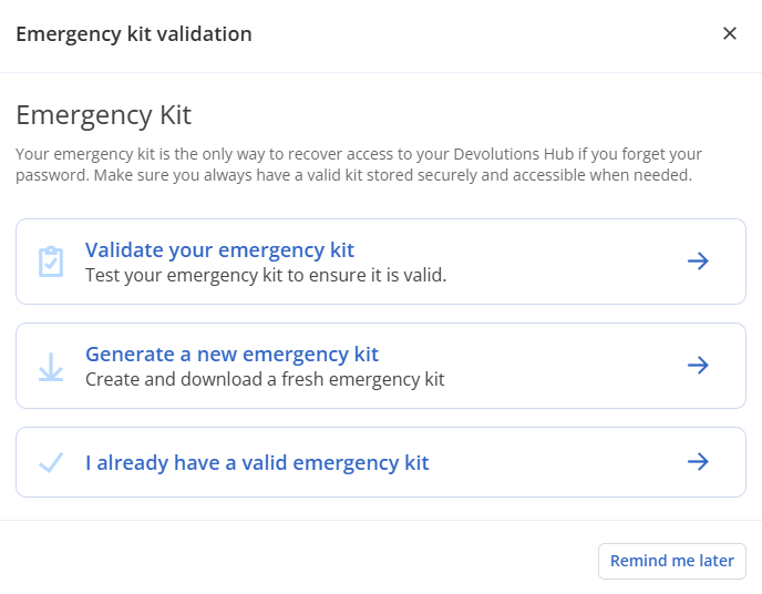 Emergency kit validation screen