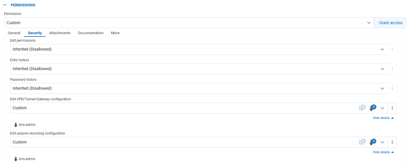 Specific permission support for restricting VPN/SSH/Gateway and session recording sections