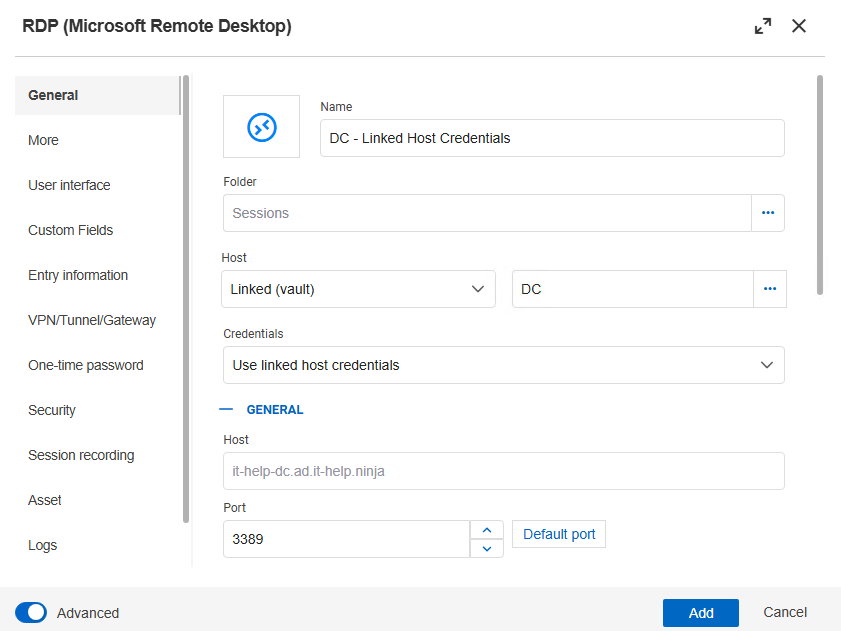 Using host credentials with linked host entries in a session