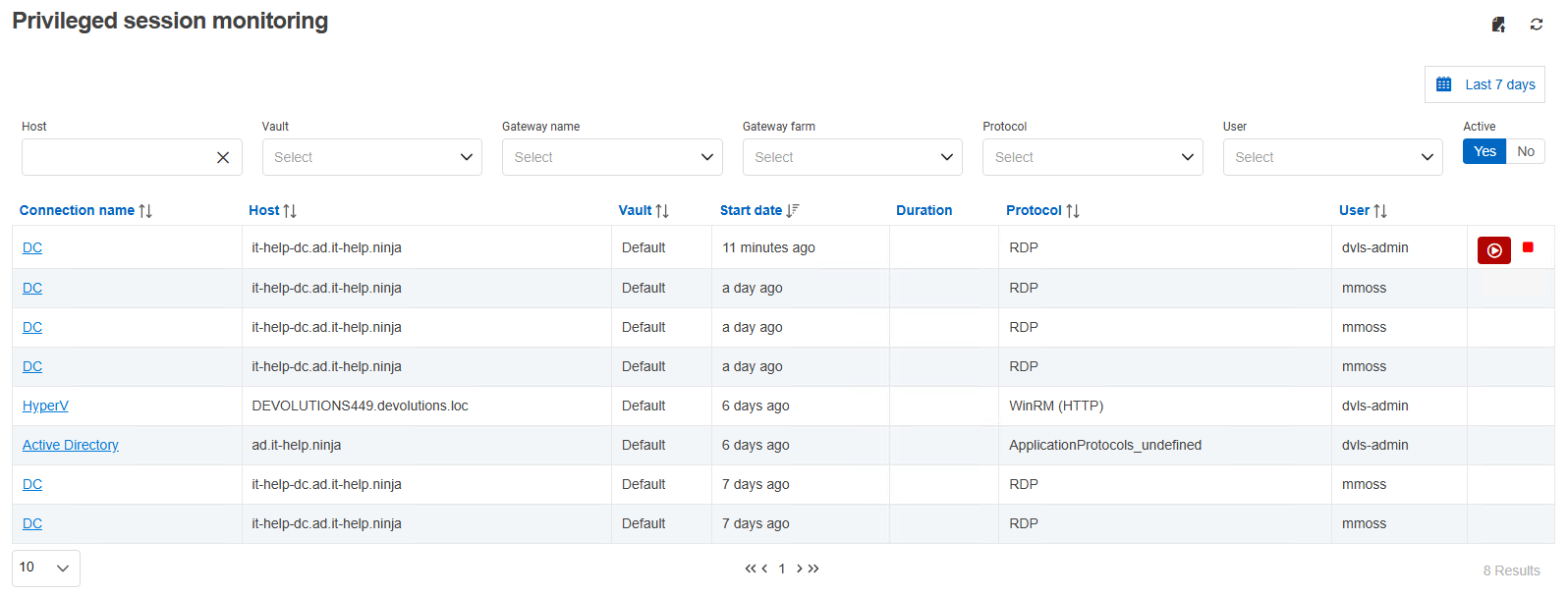 Privileged session monitoring in DVLS