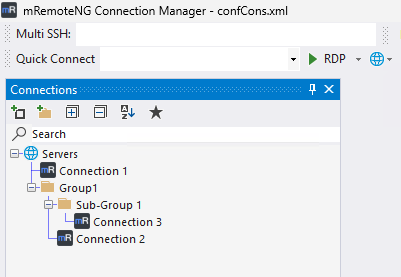 Panneau Connexions de mRemoteNG montrant une arborescence de dossiers imbriqués pour les sessions à distance.