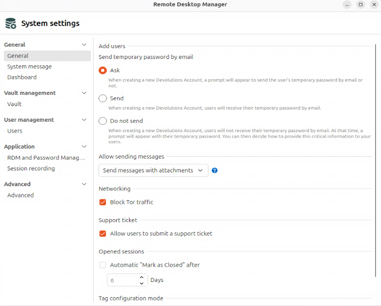 Devolutions Cloud system settings in RDM on Linux.