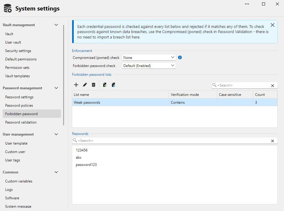 Forbidden-password lists in Remote Desktop Manager on Windows.