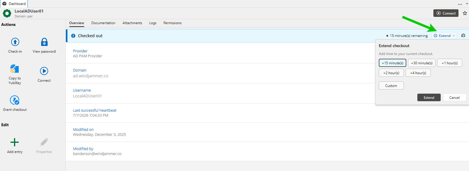 PAM checkout extension request in Remote Desktop Manager on Windows.