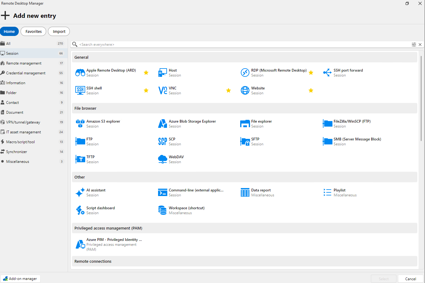 Boîte de dialogue Ajouter une entrée de Remote Desktop Manager listant les types de sessions et d’outils.