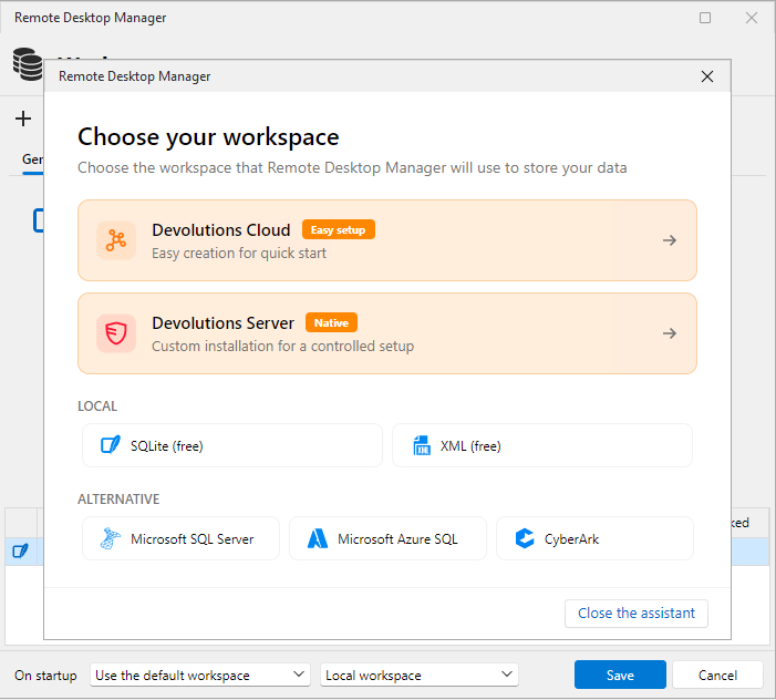 Sélecteur d’espace de travail de Remote Desktop Manager avec Cloud, Server et sources de données locales.