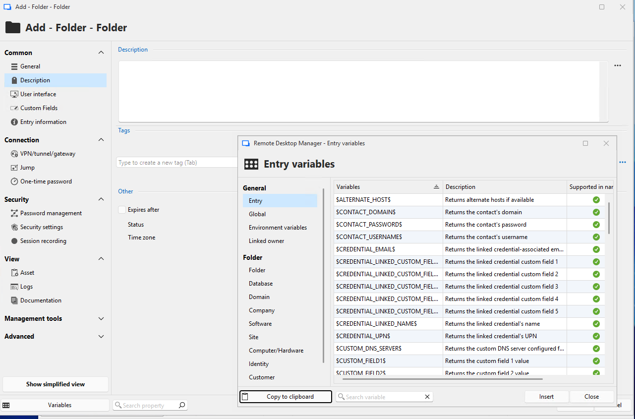Boîte de dialogue des variables d’entrée de Remote Desktop Manager ouverte depuis la fenêtre Ajouter un dossier.