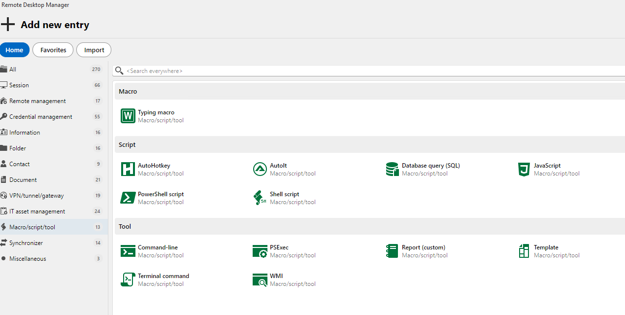 Écran Ajouter une entrée de Remote Desktop Manager montrant les options Macro, script et outil.